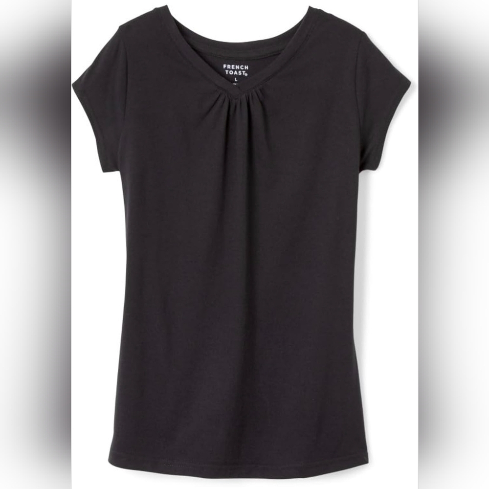 5/$35 Girls French Toast Black Short Sleeve Tee with Gathered V-Neck